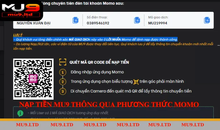 Nạp tiền MU9 thông qua phương thức MOMO